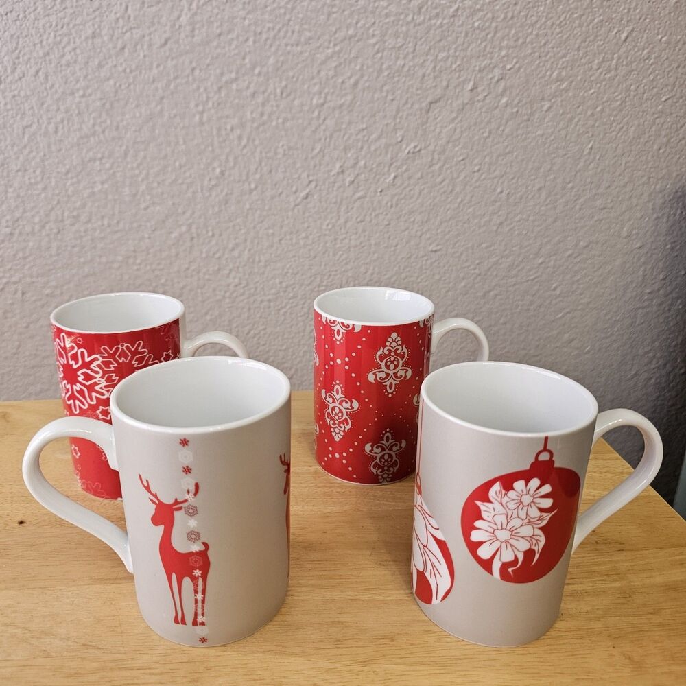 Waechtersbach Christmas Coffee Mug Set of 4 Red White Holiday Deer Snowflake